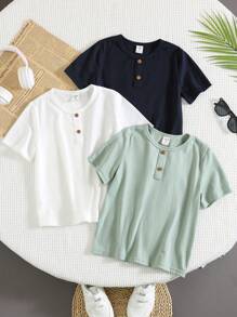 3 件套年轻男孩装饰纽扣短袖针织 T 恤，舒适 T 恤适合儿童、衣服、返校，适合生日派对、晚会、表演、婚礼、洗礼、开幕式、日常穿着、学校、旅行、运动、春夏季