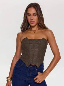 SHEIN BAE 时尚复古交叉肩带抹胸短款上衣 - 咖啡棕 - 查看 3