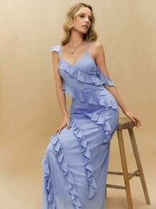 Poéselle 优雅 U 领无袖波浪紧身开衩连衣裙