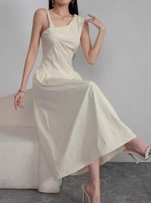 Modelyn Women's Elegant Solid Color Asymmetric Neck Long Dress - Apricot - View 5