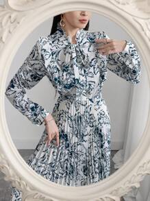 Modelyn Damen Urlaubs-Kleid mit floralem Muster, V-Ausschnitt, Langarm, elegant