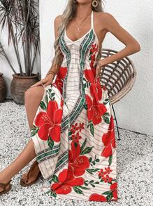 Breezaya Women's New Fashion Summer Vacation Spaghetti Strap Neck Print A-Line Dress