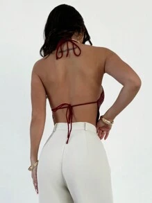 Firerie Elegant Sexy Halter Neck Backless Sequin Sleeveless Cami Crop Top, Party, Motorcycle, Clubwear Style, Burgundy Red Concert Rave Women - Burgundy - View 2