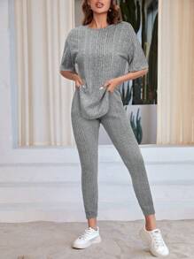 SHEIN LUNE 2pcs/Set Women Casual Ribbed Knit Short Sleeve Top And Leggings - Light Grey - View 3