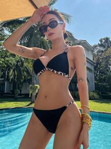 Women's Fashionable Sexy Leopard Print Patchwork Bikini Swimwear Set, Summer Beach Vacation,Tankini Bathing Suit - Black - View 3