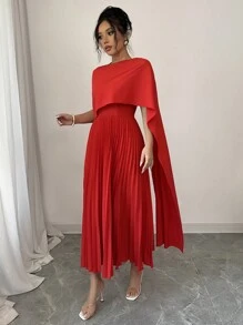 Elenzga Bohemian Pleated A-Line Waisted Sleeveless Midi Dress, For Vacation In Spring & Summer - Red - View 3