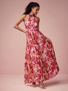 Enchnt Women's Elegant Floral Print Backless Dress