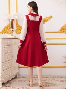 Teen Girl Polka Dot Mesh Patchwork Long Sleeve Button Design Fashion Dress - Burgundy - View 2