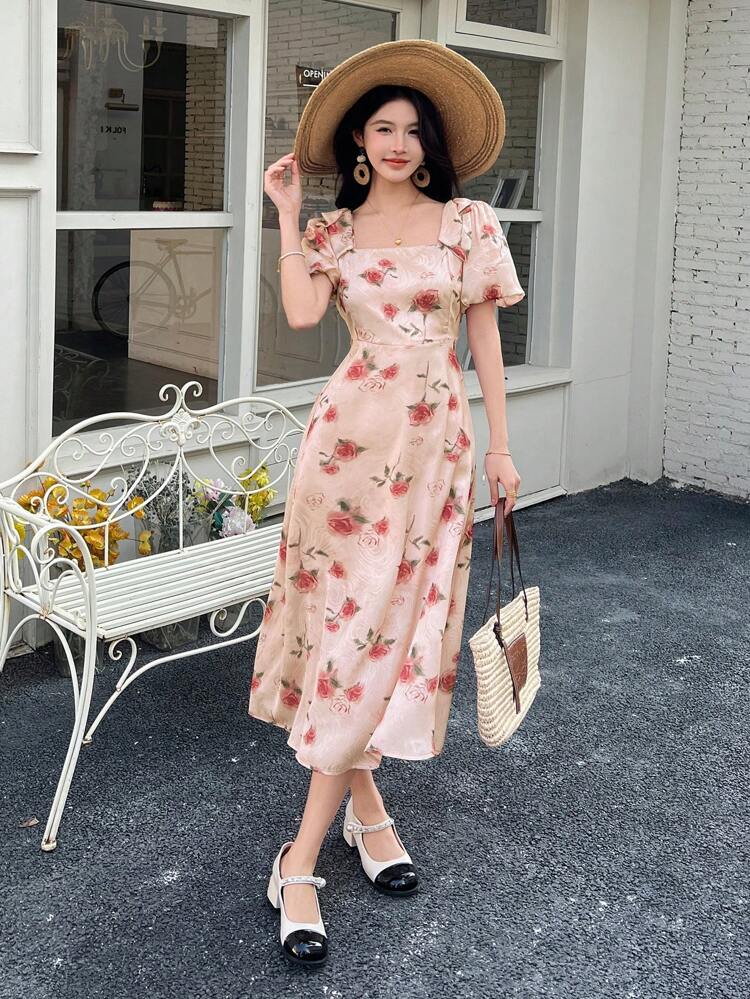 Summer Women Midi Rose Floral Print Square Neck Dress Vacation Outfits Women