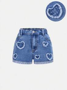 Tween Girl All-Match Heart Embroidery Washed Denim Shorts, Comfortable Casual Versatile New Style Essential For Spring & Summer 2025, Suitable For Daily Wear, School, Campus, College - Medium Wash - View 1