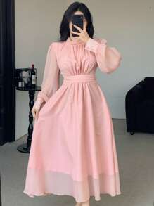 DAZY Women's Party Date Lace-Up Loose Mid-Length Dress Elegant,Fall Dress - Pink - View 6