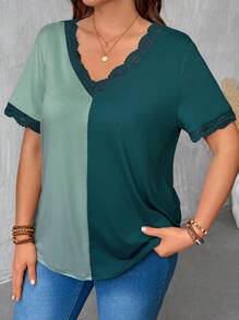 SHEIN LUNE Camiseta casual de talla grande para mujer con cuello en V, en patchwork y encaje
