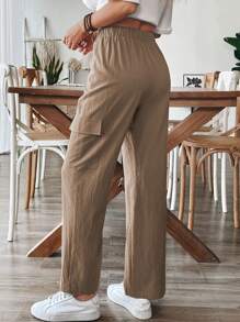 Chiquease 女士休闲亚麻喇叭裤，春夏 - 卡其色 - 查看 2