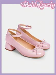 Dola Lovely Bombas de tacón grueso con punta redonda, tira trasera con moño, zapatos de tacón alto elegantes para dama