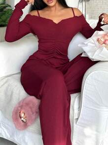 一套性感露肩酒红色针织家居服套装，女士居家休闲服，秋冬舒适优雅细节 - 酒紅色 - 查看 4