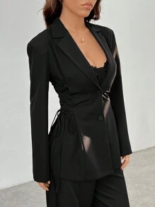 SHEIN PETITE Long Sleeve Side Tie Adjustable Suit Jacket In Fall/Winter - Black - View 3
