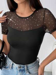 Chiquease Casual Slim Fit Cropped Round Neck Mesh Panel Short Sleeve T-Shirt - Black - View 1