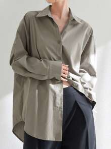 Dazy-Less Camisa de mujer de manga larga con diseño minimalista y casual de negocios, con botones, ropa de mujer de otoño