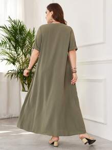 Lacomfia Plus Size Long Sleeve Solid Color Lace Patchwork Arabic Style Dress - Green - View 2