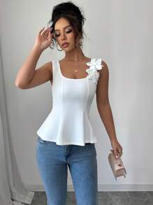 Elenzga 女士方领花卉装饰时尚背心 - 白色 - 查看 4