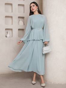 Veilorie Women's Solid Color Pleated Raglan Sleeve Elegant Arabian Style Long Dress - Mint Green - View 1