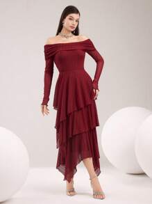 Modelyn Women's Solid Color Pleated Off Shoulder Long Sleeve Tiered Ruffle Hem Dress - Red - View 5