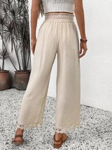 Breezaya Women's High-Waist Lace Patchwork Pants, Comfortable Summer - Apricot - View 2