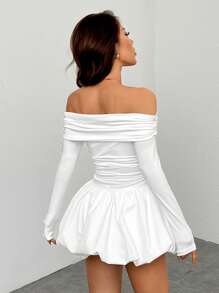 SHEIN PETITE Women's Solid One-Shoulder Long Sleeve Ruffle Hem Mini Dress For Spring & Autumn
