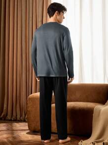 Men's Letter Print Long Sleeve Pajama Set - Blue and White - View 2