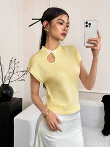 EastFlair 女士纽扣式蝙蝠翼短袖针织上衣 - 黃色 - 查看 1