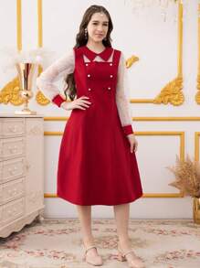 Teen Girl Polka Dot Mesh Patchwork Long Sleeve Button Design Fashion Dress - Burgundy - View 6