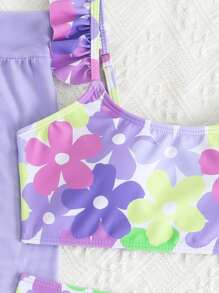 Conjunto de traje de baño para niñas preadolescentes con bikini con estampado floral, bata y minifalda