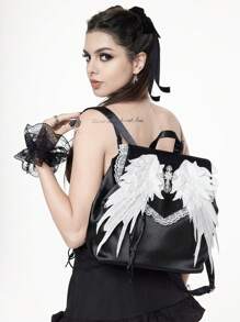 ROMWE Goth 1pc White Angel Wings With Rhinestone Cross Lace Decor Backpack - Black - View 2