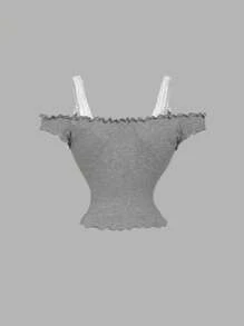 SHEIN MOD Camiseta de mujer de 2 en 1 con encaje vintage gris y parche, decorada con lazo y volantes. Romántica, elegante, para citas, fiestas, vacaciones, fiestas de té, atuendo de cumpleaños