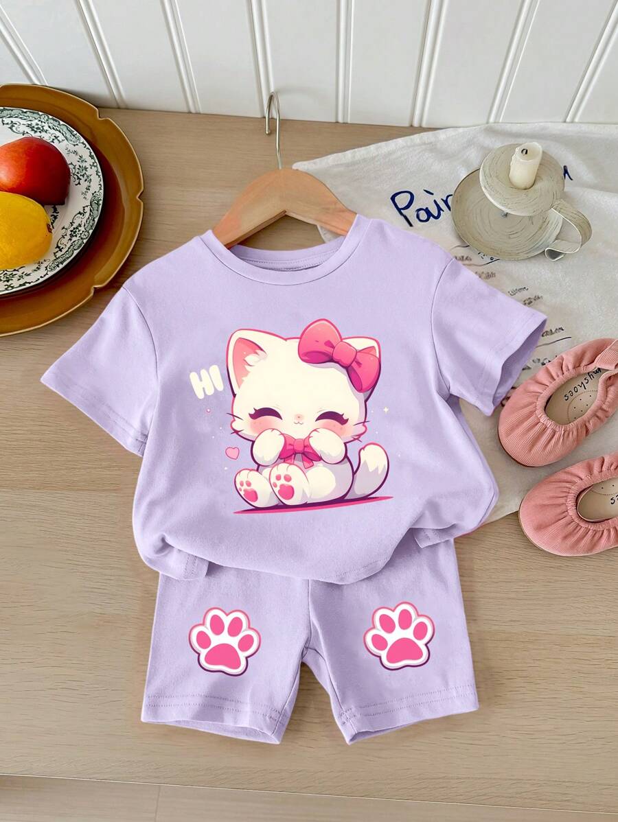 SHEIN Leap Crew Baby Girl Casual Minimalist Short Sleeve & Shorts Set, Suitable For Summer - Mauve Purple - View 1