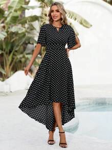 EMERY ROSE Women's Polka Dot Print Asymmetric Hem Dress - Black and White - View 1