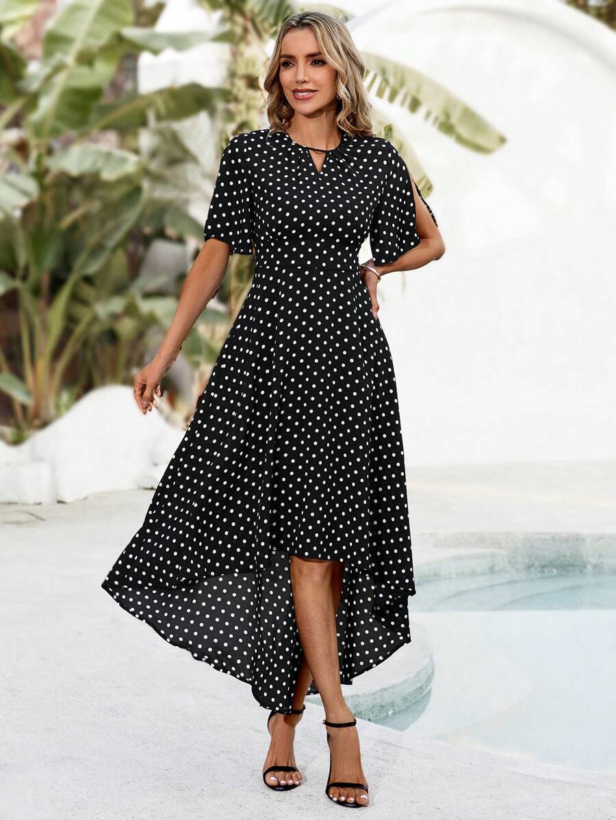 EMERY ROSE Women's Polka Dot Print Asymmetric Hem Dress - Black and White - View 1