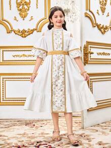 SHEIN Tween Girls Loose Elegant Embroidered Patchwork Ribbon Trim Stand Collar Dress - White - View 7