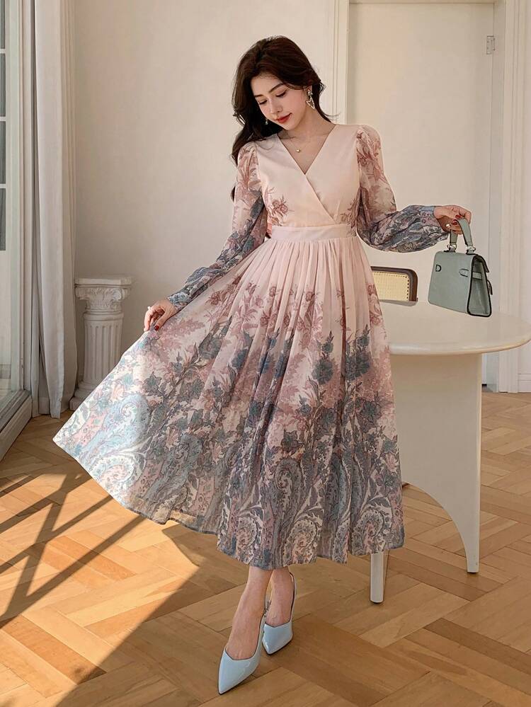Knee-Length Floral Print Square Neck Dress For Women Elegant, Ruffle, Dress For Wedding, Fall Dress Long Sleeve Dress Easter Dress