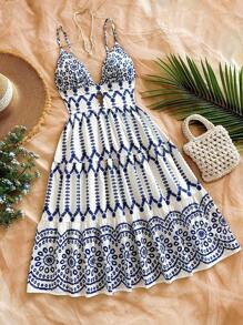 Soleia Tropical Floral Print Hollow V-Neck A-Line Backless Midi Dress For Women, Suitable For Holiday, Date, Valentine's Day Afternoon Tea, Vacation, Music Festival, Bohemian Style - Blue and White - View 1