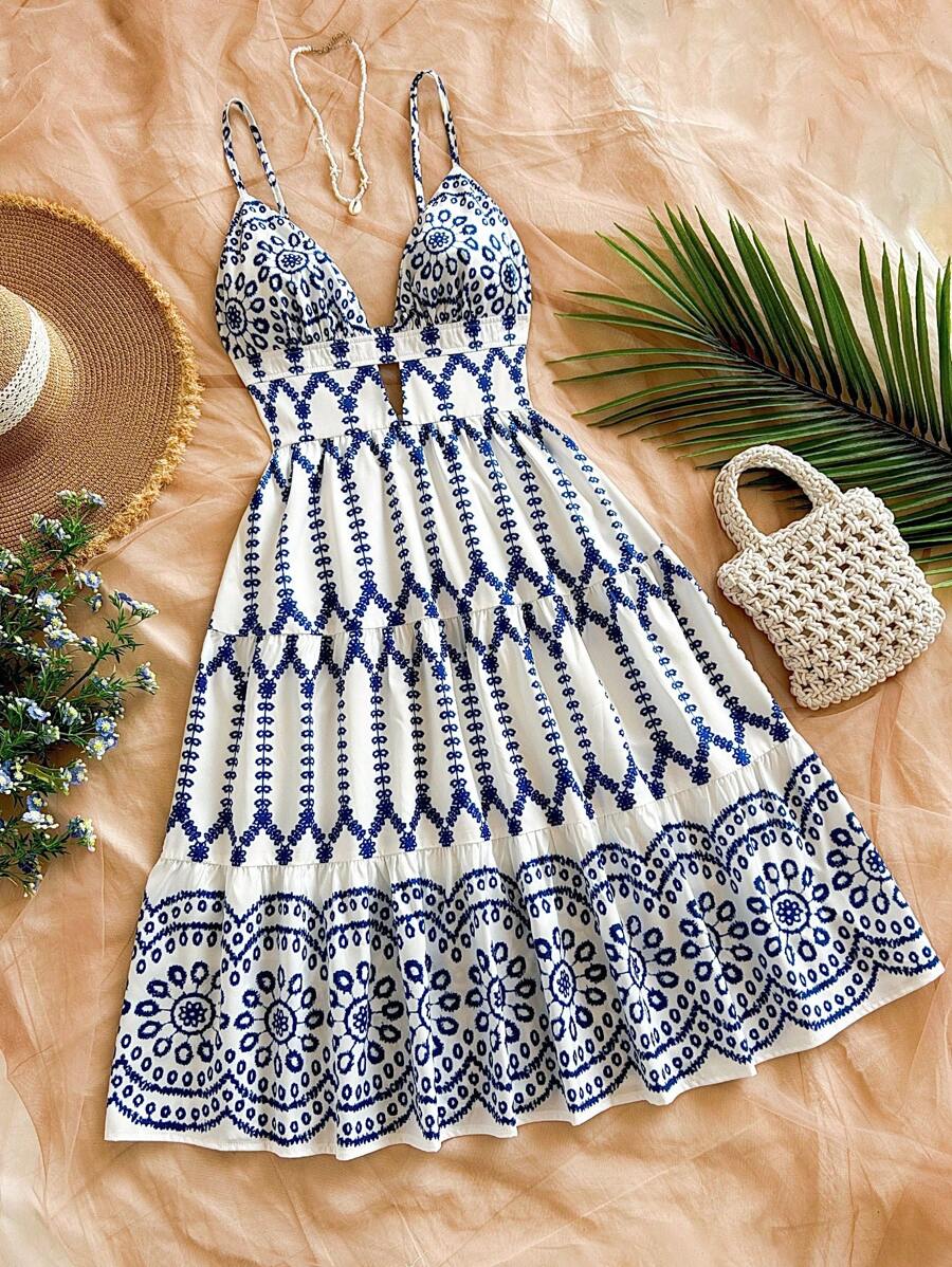 Soleia Tropical Floral Print Hollow V-Neck A-Line Backless Midi Dress For Women, Suitable For Holiday, Date, Valentine's Day Afternoon Tea, Vacation, Music Festival, Bohemian Style - Blue and White - View 1