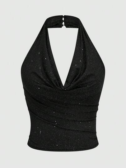 Sweetra Plus Size Women's Plunging V Neck Sparkly Fashion Halter Top Birthday Outfits