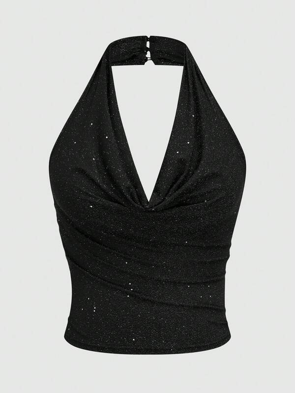 Sweetra Maglietta con scollo a V profondo e glitter di moda, dalla taglia forte, a fascia per le donne