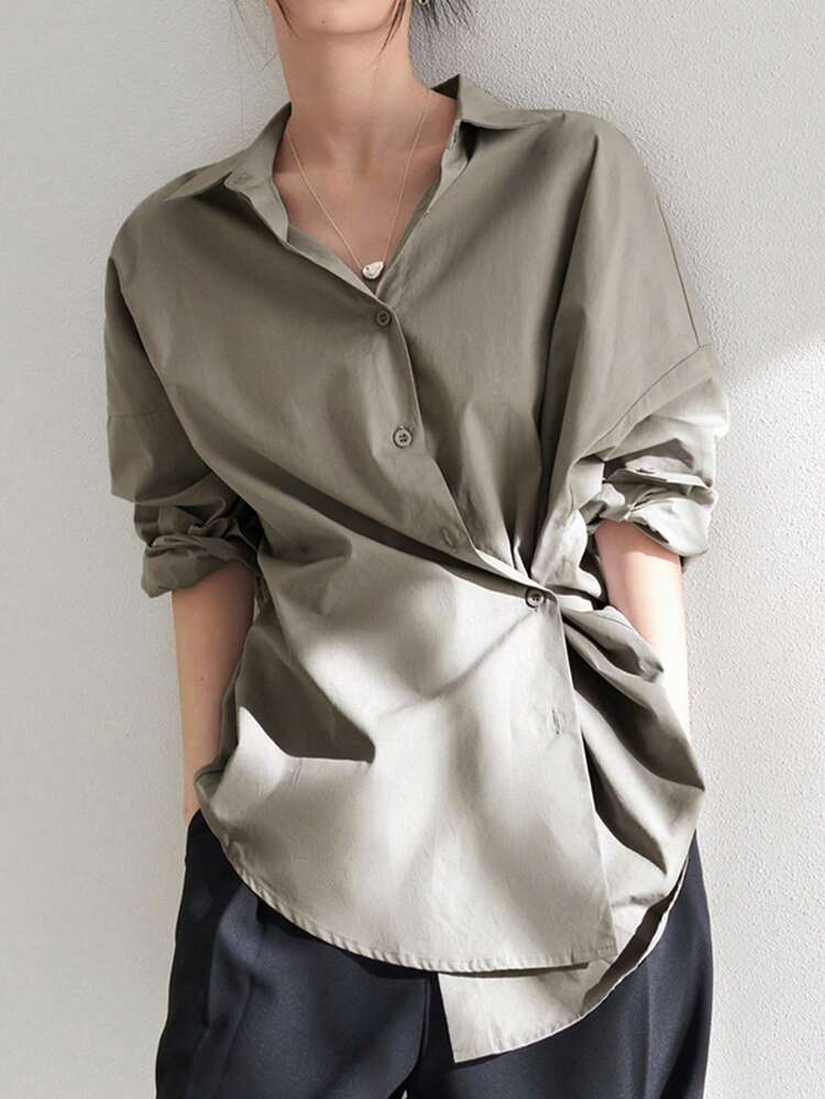 Loose Minimalist Business Casual Design Button Down Long Sleeve Women Shirt,Fall Women Clothes