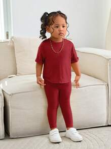 SHEIN Leap Crew 女婴可爱红色短袖 T 恤和松紧腰裤套装，外出休闲装时尚亮黄色套装，秋冬休闲装 - 紅色 - 查看 5