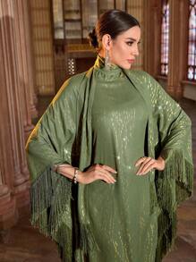 Al Najma 女式宽松飘逸绿松石色金属图案连衣裙，蝙蝠袖和流苏袖，卡夫坦和贾拉比亚，端庄 - 綠色 - 查看 2