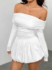 SHEIN PETITE Women's Solid One-Shoulder Long Sleeve Ruffle Hem Mini Dress For Spring & Autumn