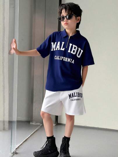 SHEIN Little Byeori 2 件套青少年男孩休闲韩版宽松字母图案 T 恤和短裤套装，适合通勤、上学、休闲、运动、春夏