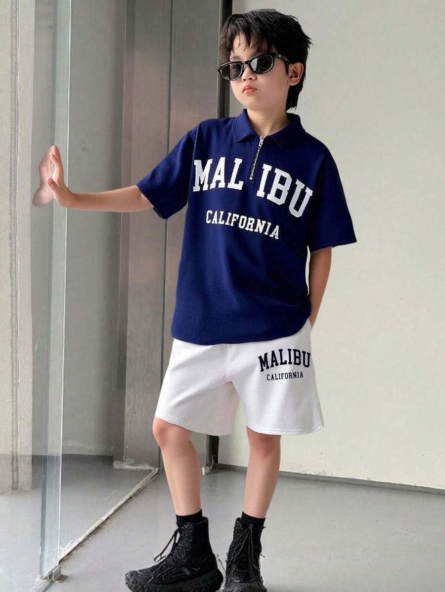 SHEIN Little Byeori 2 件套青少年男孩休闲韩版宽松字母图案 T 恤和短裤套装，适合通勤、上学、休闲、运动、春夏