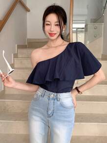 DAZY Elegant Asymmetric Shoulder Ruffle Trim Backless Blouse, Women Spring/Summer - Navy Blue - View 7